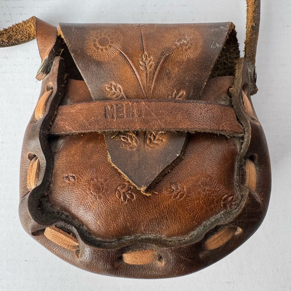 Vintage Hand Tooled Leather Mini Purse Bag Floral Design Boho Hippie